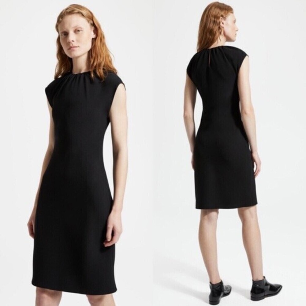 Theory Shirred Neck Sheath Short Sleeve Crepe Dress Black Size M $600 Fits As S